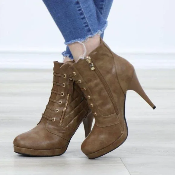 Khaki Platform High Heel Boots Light Fur inside - Picture 10 of 12